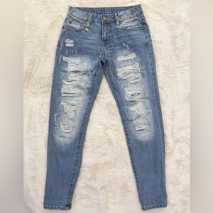 R13 low rise Light Blue Distressed Skinny Jeans